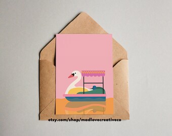 Paddle Boat Greeting Card - Fun swan bird card for any occasion, A2 blank animal lovers card, cute bright colored just because friend card