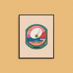May include: A framed print with a green, pink, and orange illustration of a stylized landscape with the text "Take a Walk, Man!"
