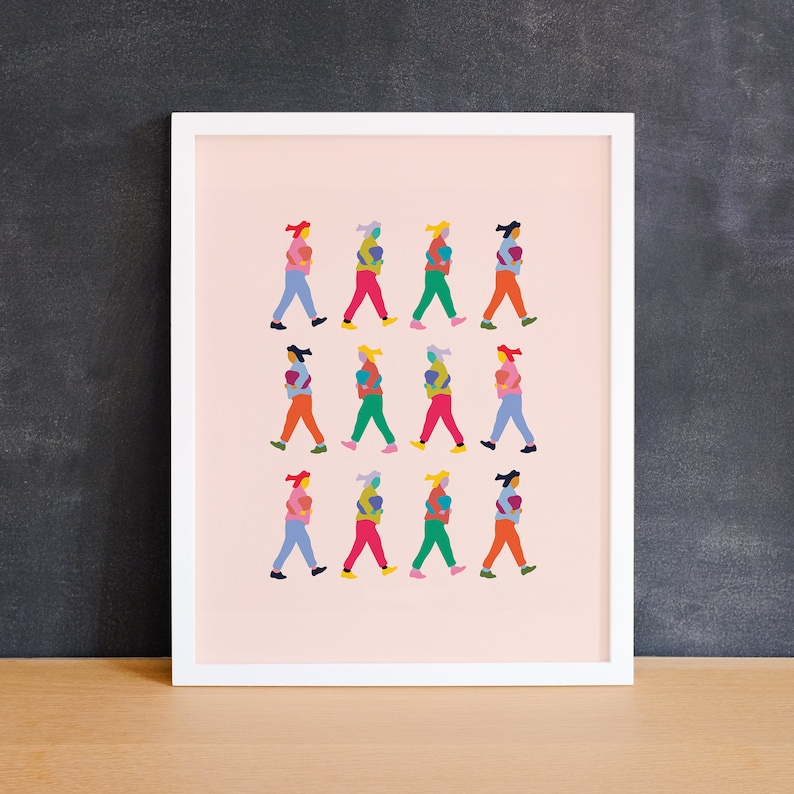 May include: A pink background with a repeating pattern of 12 figures walking in a line. Each figure is wearing a colorful scarf and carrying a stack of colorful books.