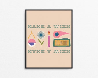 MAKE A WISH Art Print - Good luck charms wall art, quirky shooting star wishbone print, bright colored 8x10 print for living room, wish art