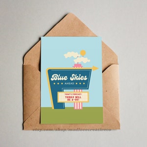 Carte de voeux Blue Skies Ahead - Jolie carte d'encouragement pour les amis, carte vierge rétro pour enseigne au néon, carte tout ira bien, carte vierge pour les temps difficiles