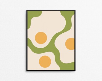 Sunny Side Up Print - Quirky bright colored green egg print for kitchens, whimsical abstract geometric 8x10 breakfast food illustration
