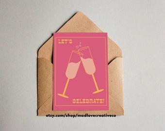 Let's Celebrate Card - Cute pink engagement card, fun champagne flute wedding greeting card, quirky pink special occasion celebration card