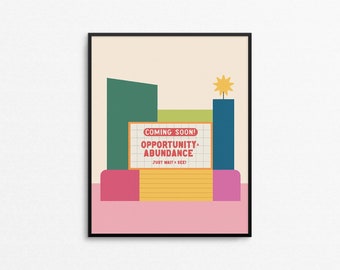 COMING SOON Art Print - Retro movie cinema sign inspired print, motivational encouragement quote wall art, bright colored 8x10 art print