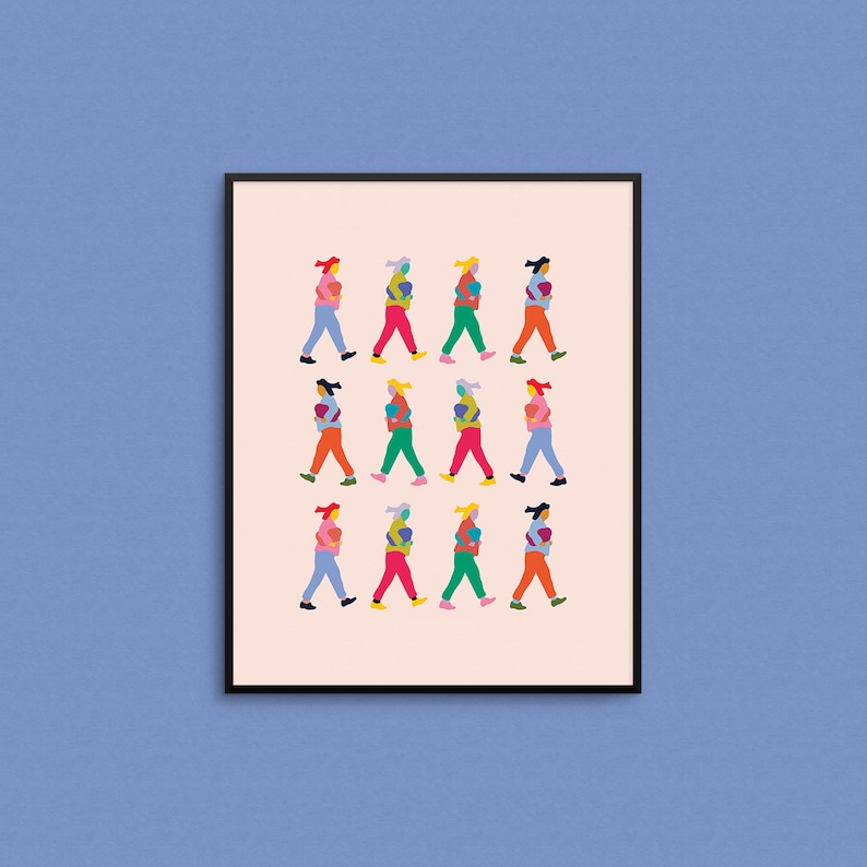 May include: A framed illustration of 12 people walking in a line, each carrying a colorful object. The people are wearing different colored clothing and have different hairstyles. The background is a light pink color.