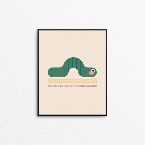 INCHING ALONG Art Print - Cute 8x10 worm print, quirky colorful caterpillar wall art, whimsical life print, orange office checkered print