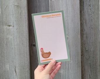 CHICKEN SCRATCH Blank Notepad - Cute farm-themed chicken memo pad, quirky red and green paper pad for to-do lists, recipes, groceries