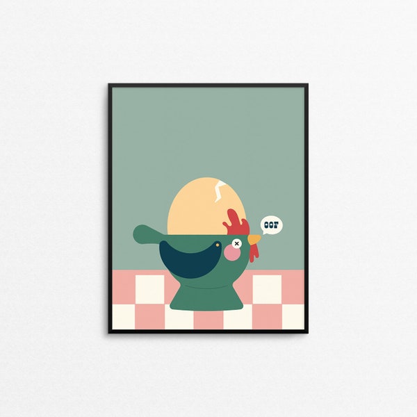 OOF/OEUF Art Print - Cute 8x10 egg print, quirky rooster animal wall art, fun checkered breakfast print, bright colored 8x8 egg cup wall art