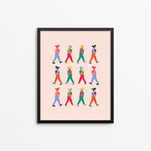 May include: A digital illustration of 12 people walking in a line, each carrying a stack of colorful objects. The background is a light pink.