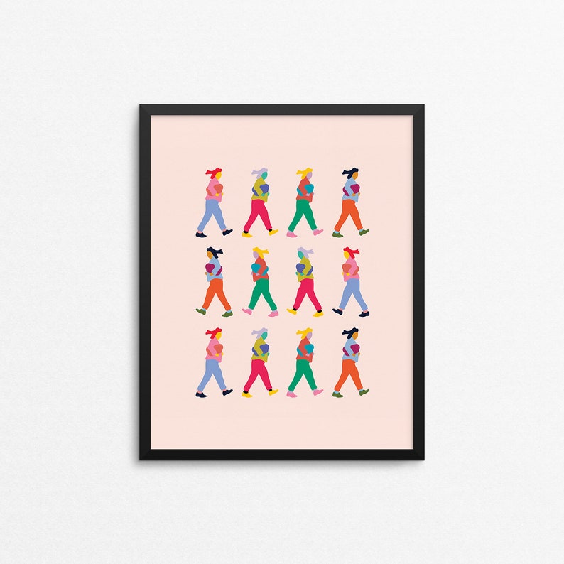 May include: A digital illustration of 12 people walking in a line, each carrying a stack of colorful objects. The background is a light pink.