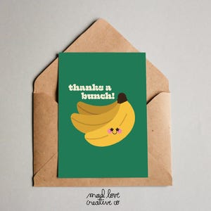 Carte THANKS A BUNCH - Jolie carte de remerciement, carte illustrée originale, carte d'ami 5 x 7, art de la banane, carte d'amoureux des fruits, carte de voeux calembour