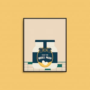 May include: A white jar with a blue and yellow label that says "What the Hell Man". The jar has a blue bow on top and is sitting on a green and white tiled surface.