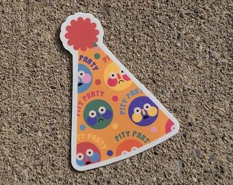 PITY PARTY Colorful Vinyl Sticker - Quirky bright party hat sassy sticker, waterproof orange sticker for laptops, fun sad face sticker