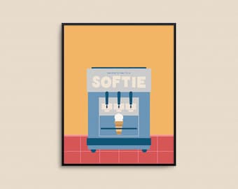 SOFTIE Art Print - Funny typographic soft serve ice cream print, quirky checkered food theme kitchen wall art, whimsical ice cream machine
