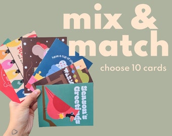 MIX & MATCH - Blank A2 holiday card set for gifting, quirky Christmas card pack for friends, neutral holiday card set, 10 illustrated cards