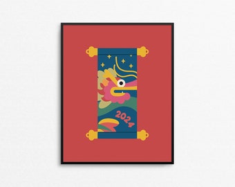 Year Of The Dragon Art Print - Quirky Lunar New Year 2024 living room gallery wall print, Zodiac animal gift for 2024 Chinese New Year