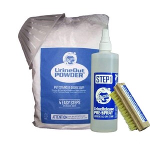 May include: A white bag of UrineOut Powder for pet stains and odors, a clear bottle of Urine Release Pre-Spray, and a yellow and brown brush. The bag has a blue label with the product name and instructions. The bottle has a blue label with the product name and instructions. The brush has a wooden handle and yellow bristles.