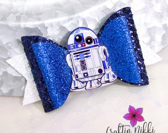 White and Blue Mech Droid Chunky Glitter Hair Bow Clip | Straw Topper & Badge Reel | Space Wars