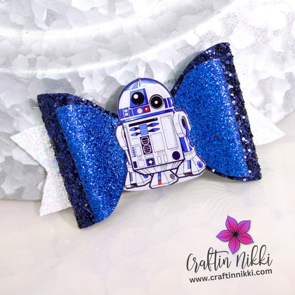 White and Blue Mech Droid Chunky Glitter Hair Bow Clip | Straw Topper & Badge Reel | Space Wars