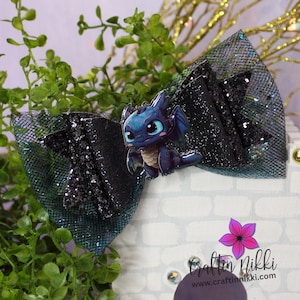 Black Toothless Dragon Glitter Leather Hair Bow Clip | Straw Topper & Badge Reel | White Light Dragons