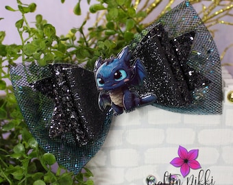 Black Toothless Dragon Glitter Leather Hair Bow Clip | Straw Topper & Badge Reel | White Light Dragons