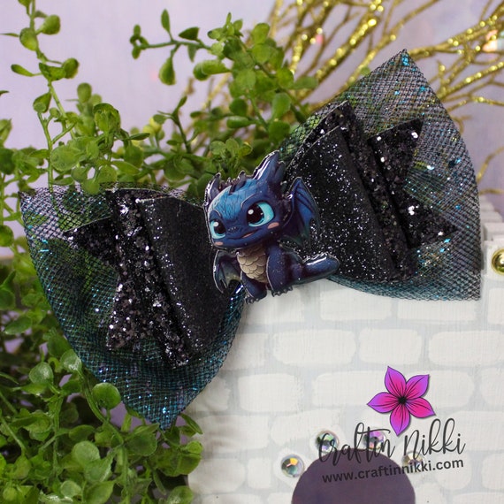 Black Toothless Dragon Glitter Leather Hair Bow Clip Straw Topper & Badge  Reel White Light Dragons 