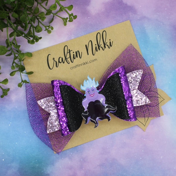 Sea Witch Villain Purple and Black Chunky Glitter and Tulle Hair Bow Clip | Straw Topper & Badge Reel | Little Mermaid
