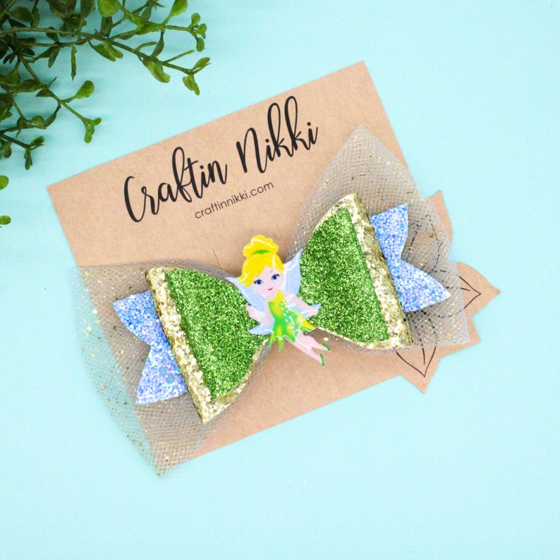 Cute Green Tinkerbell Fairy Chunky Glitter and Tulle Hair Bow Clip