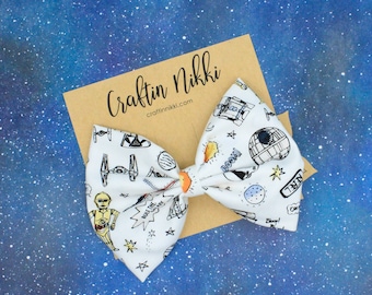 White Space Wars Cotton Galaxy Fabric Hair Bow Clip Set | Adult and Child Size Headbands