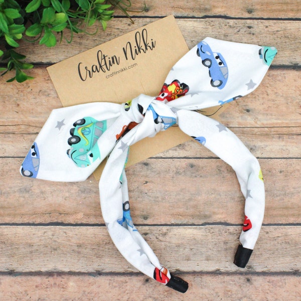 Cartoon Cars White Cotton Fabric Tie Knot Bow Headband for adults & children | one size fits all | Lighting Fast Gifts