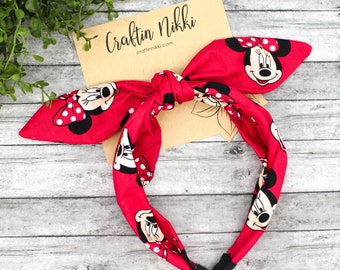 Cute Red and Black Mouse Cotton Fabric Boho Tie Knot Bow Headband