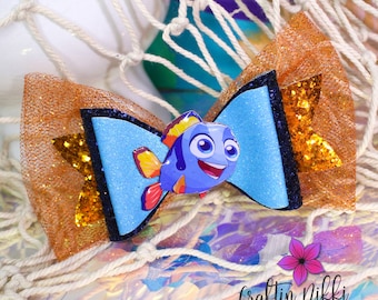 Forgetful Blue and Orange Ocean Blue Tang Fish Chunky Glitter Hair Bow Clip | Straw Topper & Badge Reel | Coral Reef