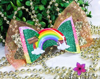 Lucky Rainbow Pot of Gold Chunky Glitter Leather Hair Bow Clip | Straw Topper, Badge Reel, & Pet Bowtie | St Patricks Day and Easter