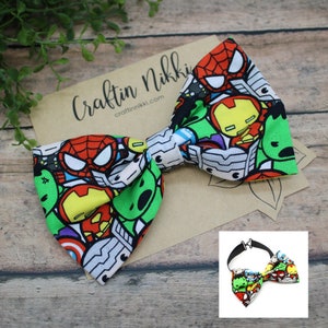 Hero Chibi Cotton Fabric Pattern Bowtie in many sizes | Baby, Newborn, Kids, & Adults | Captain Spider Iron Green Monster Thor