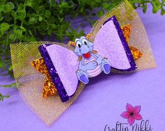 Purple Dragon with Gold Chunky Glitter and Tulle Hair Bow Clip Set | Straw Topper, Badge Reel, & Pet Bow