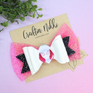 Pink Spider Face Black Glitter Hair Bow Clip with Tulle | Straw Topper & Badge Reel | Stacey Gwen Ghost hero