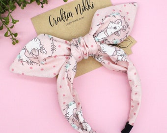 So Cute Kitten Cat Pink and White Cotton Fabric Tie Knot Bow Headband for adults & children | one size fits all Christmas Gifts