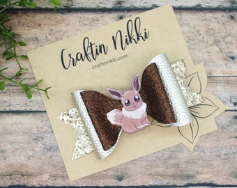 Brown Eevee Pocket Monster Chunky Glitter Leather Hair Bow Clip | Straw Topper and Badge Reel