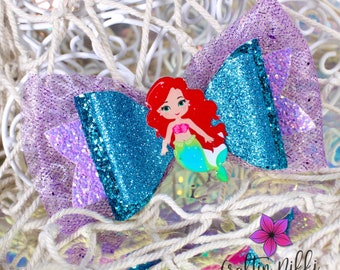 Little Ariel Mermaid in Purple and Green Chunky Glitter and Tulle Leather Hair Bow Clip | Fish Scales Straw Topper & Badge Reel | Red Hair