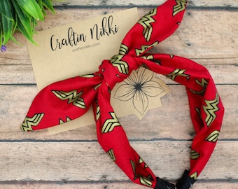 Red and Gold Warrior Woman Fabric Tie Knot Bow Headband for adults & children | one size fits all | Wonder Comics