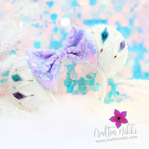 White Ice Queen Diamonds Sequin Ears | Purple, White, & Teal Diamond Bow Headband | Mouse Princess Elsa Earth Fire Water Air Elements