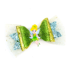 Cute Green Fairy Wing Chunky Glitter and Tulle Hair Bow Clip Straw Topper & Badge Reel Peter Pan wings image 2