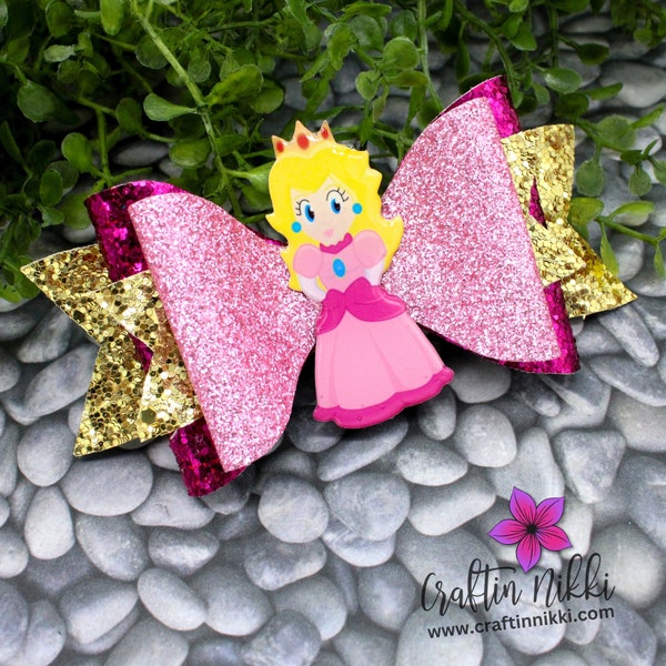 Pink Anime Princess Plumber Friend Peach Game Chunky Glitter Hair Bow Clip | Straw Topper, Badge Reel, & Pet Bowtie