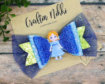 Wendy Blue Sister Chunky Glitter and Tulle Hair Bow Clip | Straw Topper & Badge Reel | Peter Pan Neverland