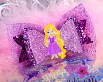 Purple Princess with Long Blonde Hair Chunky Glitter and Tulle Bow Clip | Straw Topper & Badge Reel | Holiday Gifts