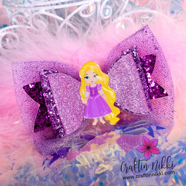 Purple Princess with Long Blonde Hair Chunky Glitter and Tulle Bow Clip | Straw Topper & Badge Reel | Holiday Gifts