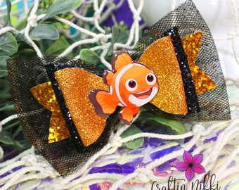 Funny Clown Fish Orange and Black Chunky Glitter Hair Bow Clip | Straw Topper & Badge Reel | Ocean Coral Reef