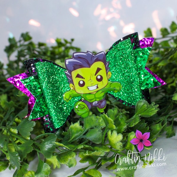 Angry Green Monster Hero Chunky Glitter Hair Bow Clip | Straw Topper & Badge Reel | Comic Con