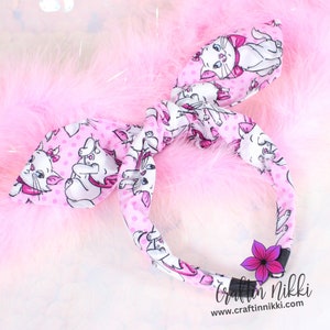 So Cute Kitten Cat Pink and White Cotton Fabric Tie Knot Bow Headband for adults & children | one size fits all | Marie Mothers Day Gift