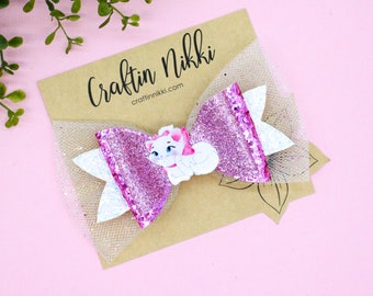 White Kitten White and Pink Chunky Glitter and Tulle Hair Bow Clip Set | Straw Topper, Badge Reel, & Pet Bows